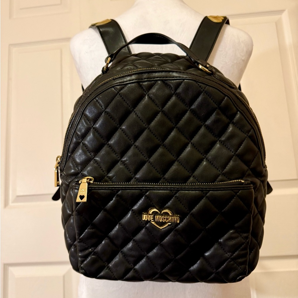 Love Moschino Black Quilted Faux Leather Heart Logo Backpack Purse⁠
